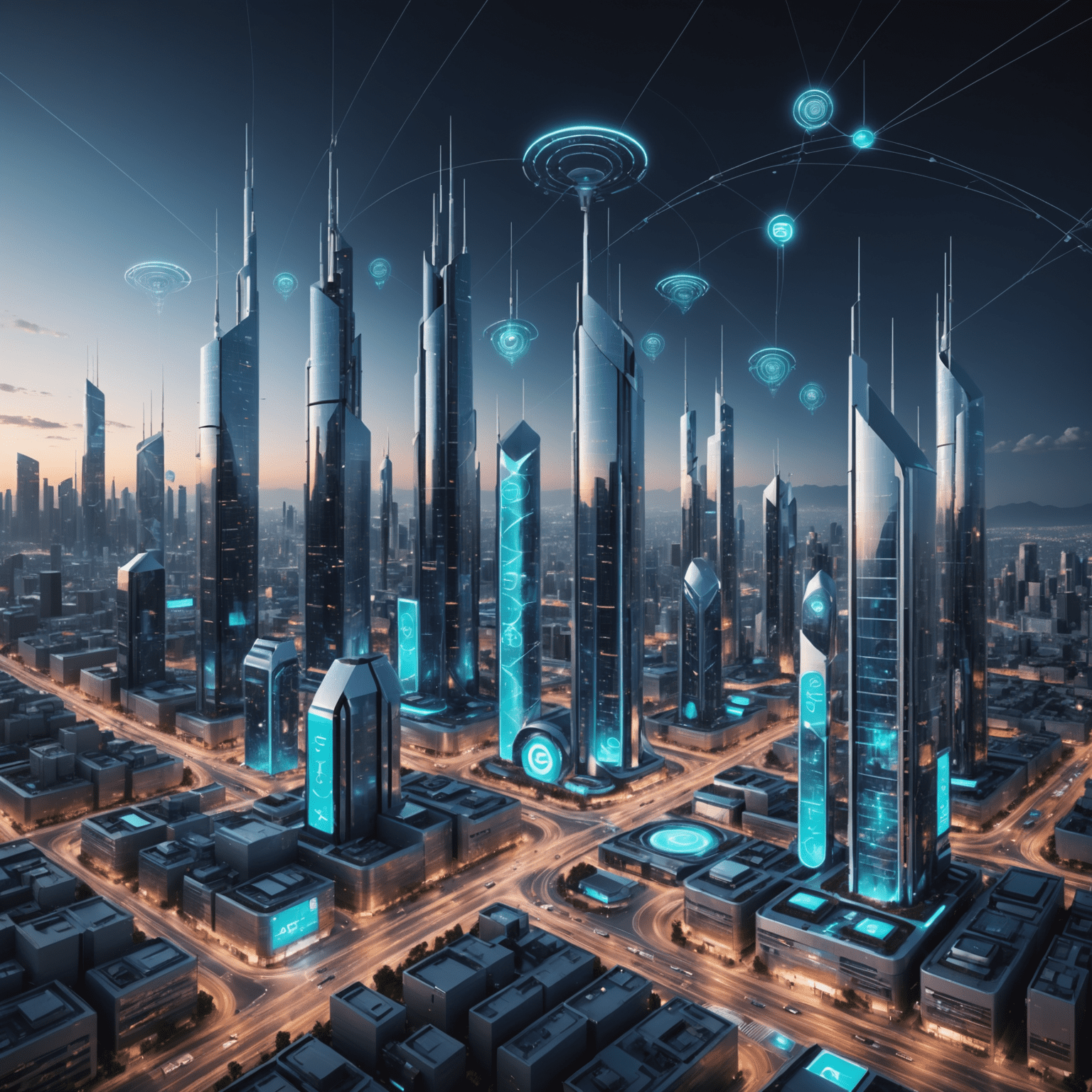 A futuristic cityscape with 5G towers and connected devices, showcasing the latest developments in 5G technology