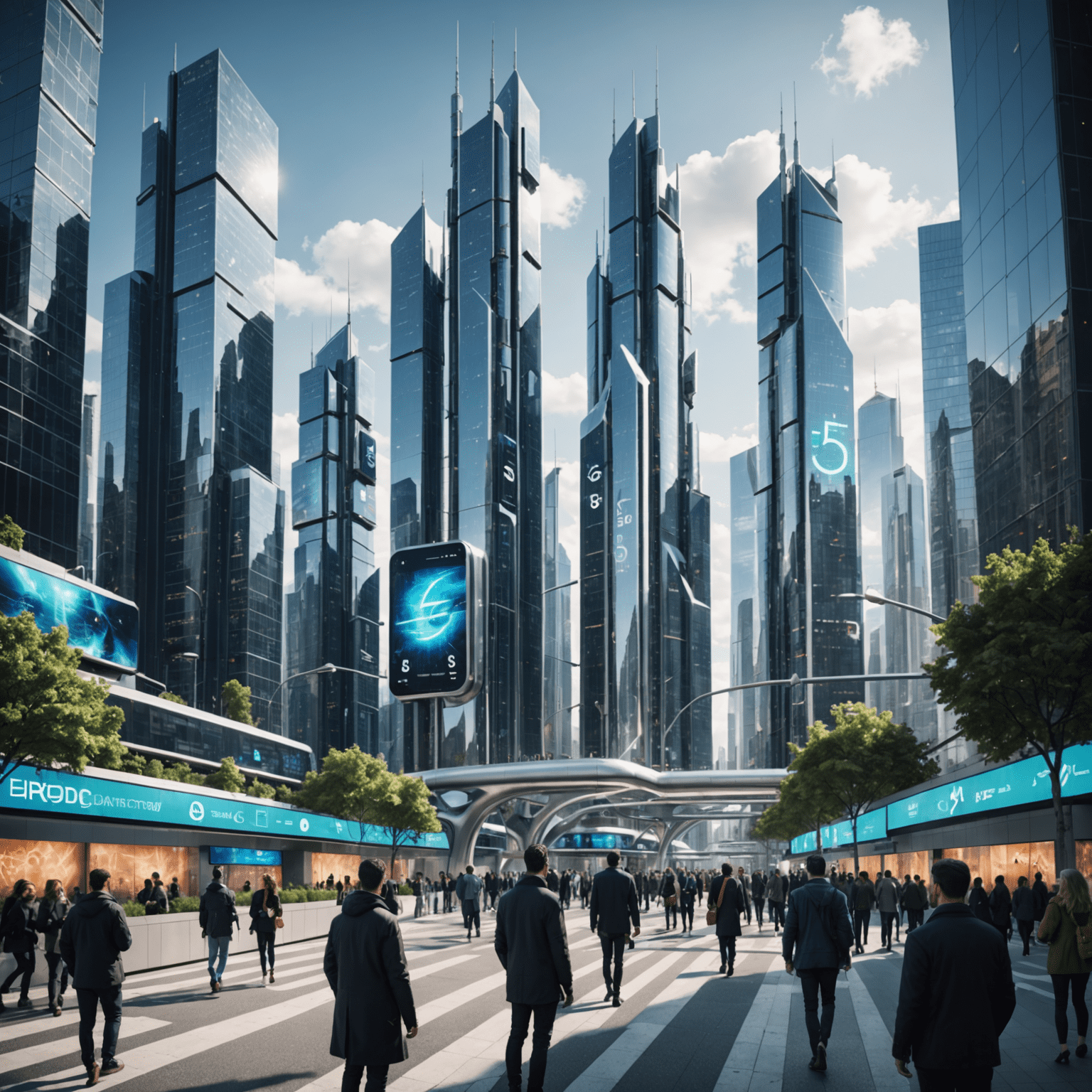 A futuristic cityscape with 5G towers and people using advanced mobile devices, showcasing the integration of 5G technology in urban environments