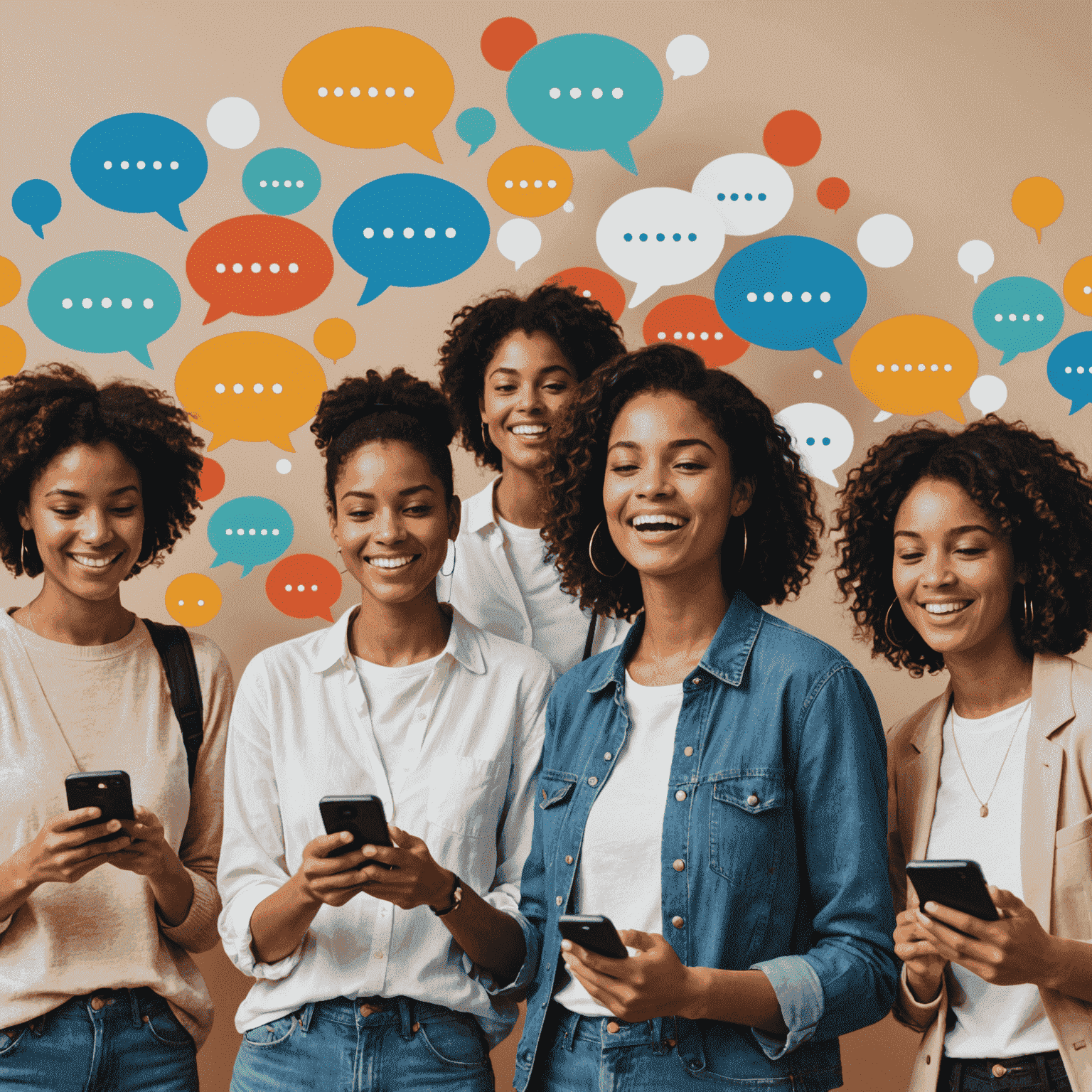 A group of people using mobile phones for voice calls, with signal bars and chat bubbles floating above to represent voice plans