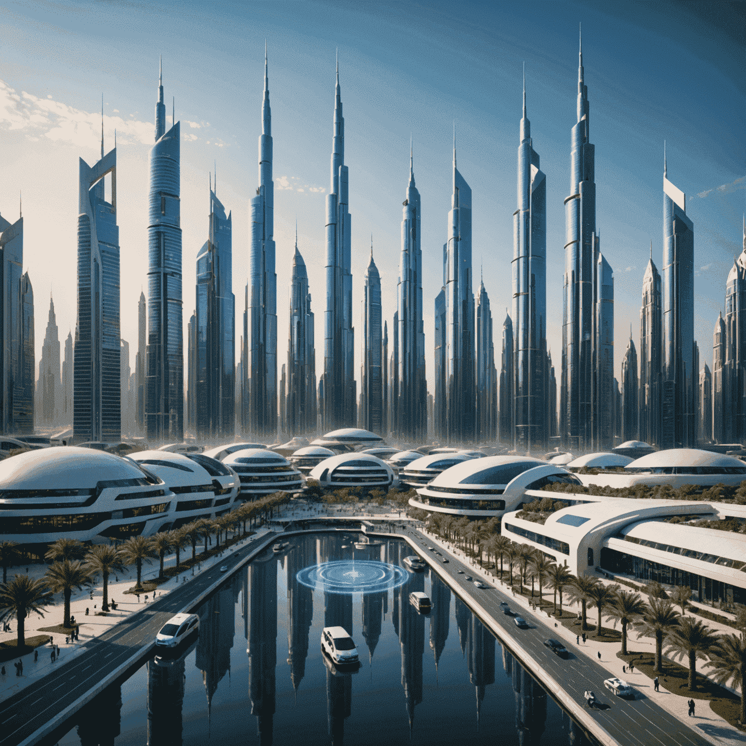 A futuristic cityscape with 5G towers and people using mobile devices, showcasing advanced mobile communication technology in the UAE