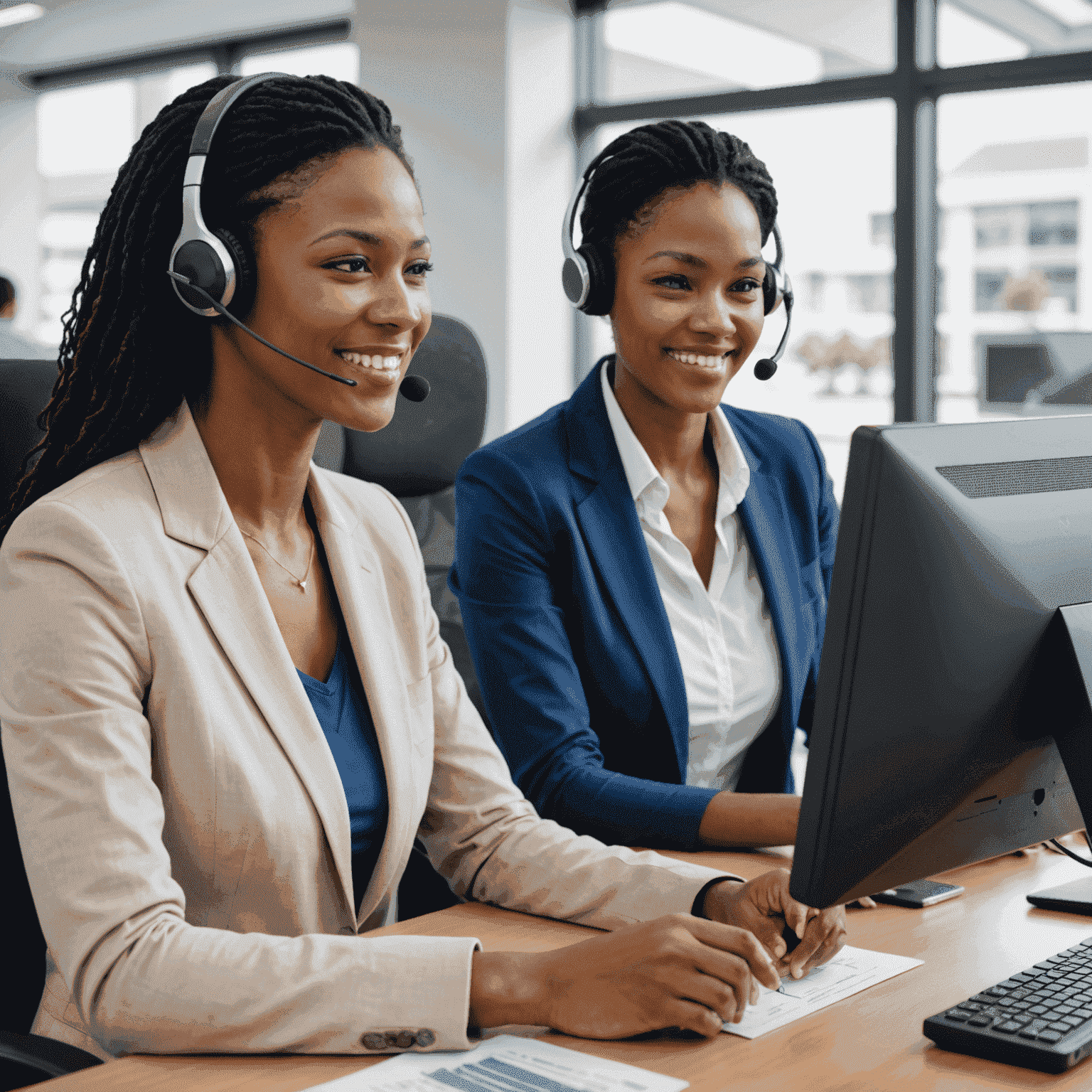 A friendly customer support representative assisting a client with mobile services. The representative is wearing a headset and smiling while looking at a computer screen displaying mobile plans and technical information.