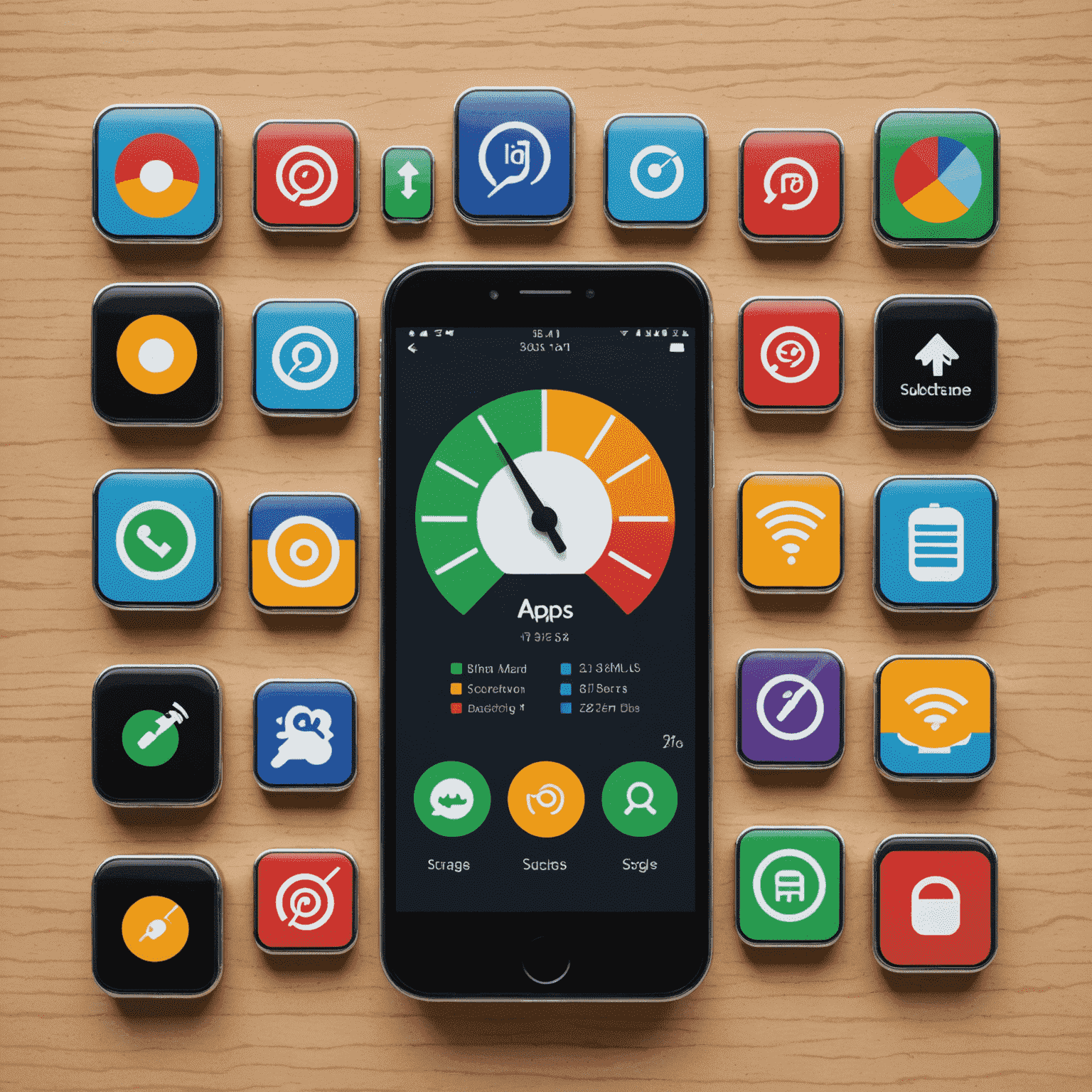 A smartphone displaying various app icons with data usage meters, representing high-speed data plans
