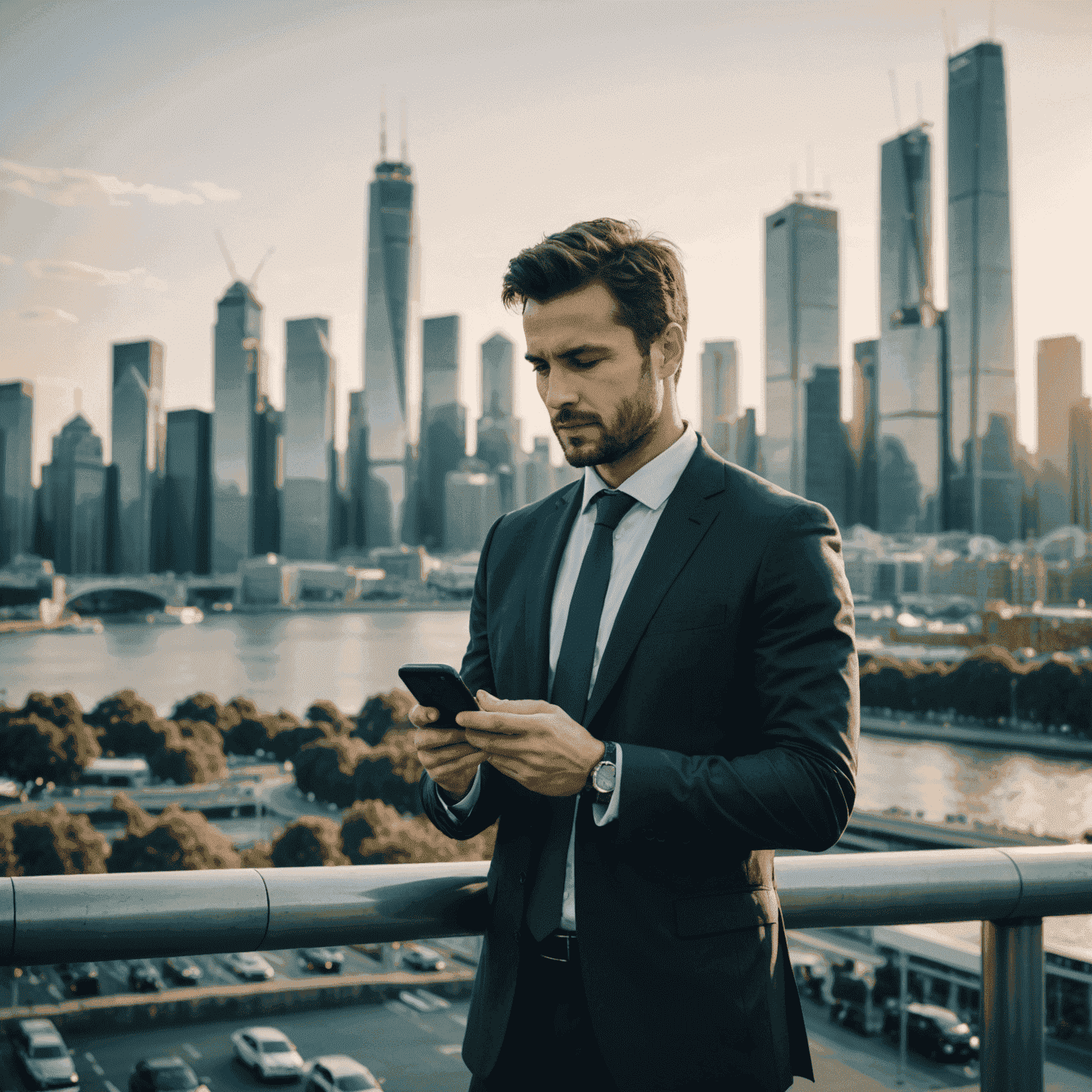 A business person using a smartphone while standing in front of an international city skyline