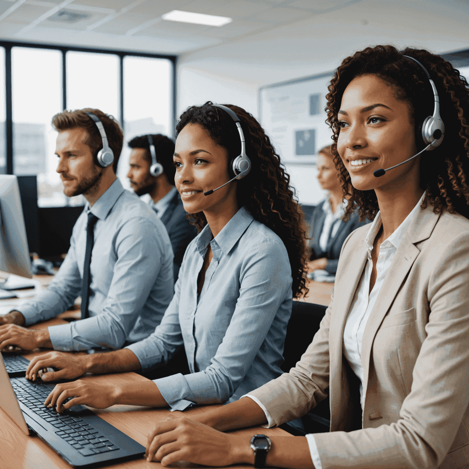 A diverse team of customer support representatives working in a modern office environment. They are using advanced communication tools and displays showing real-time customer satisfaction metrics.