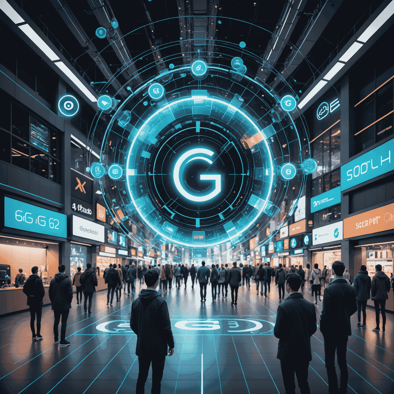 A conceptual illustration of 6G technology, showing holographic communications and advanced AI integration in everyday life