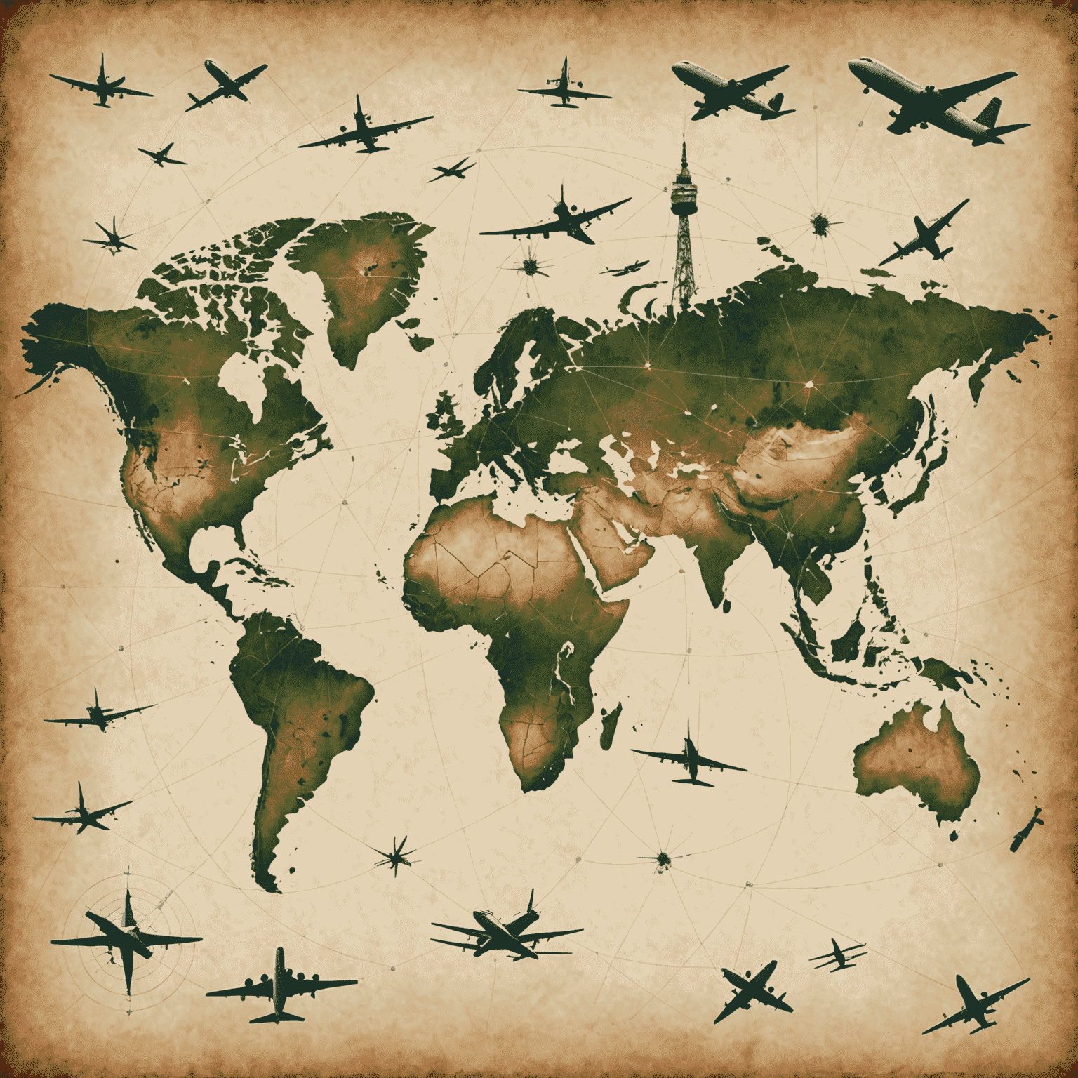 A world map with mobile signal towers and airplanes, illustrating international roaming services