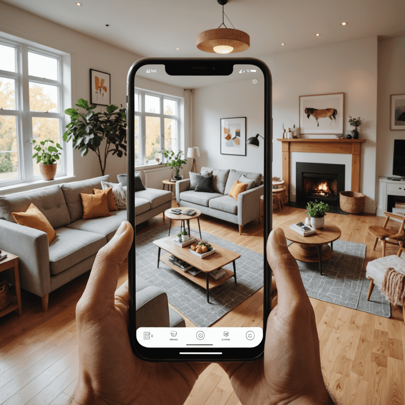 An augmented reality shopping app showing furniture placement in a real room through a smartphone camera