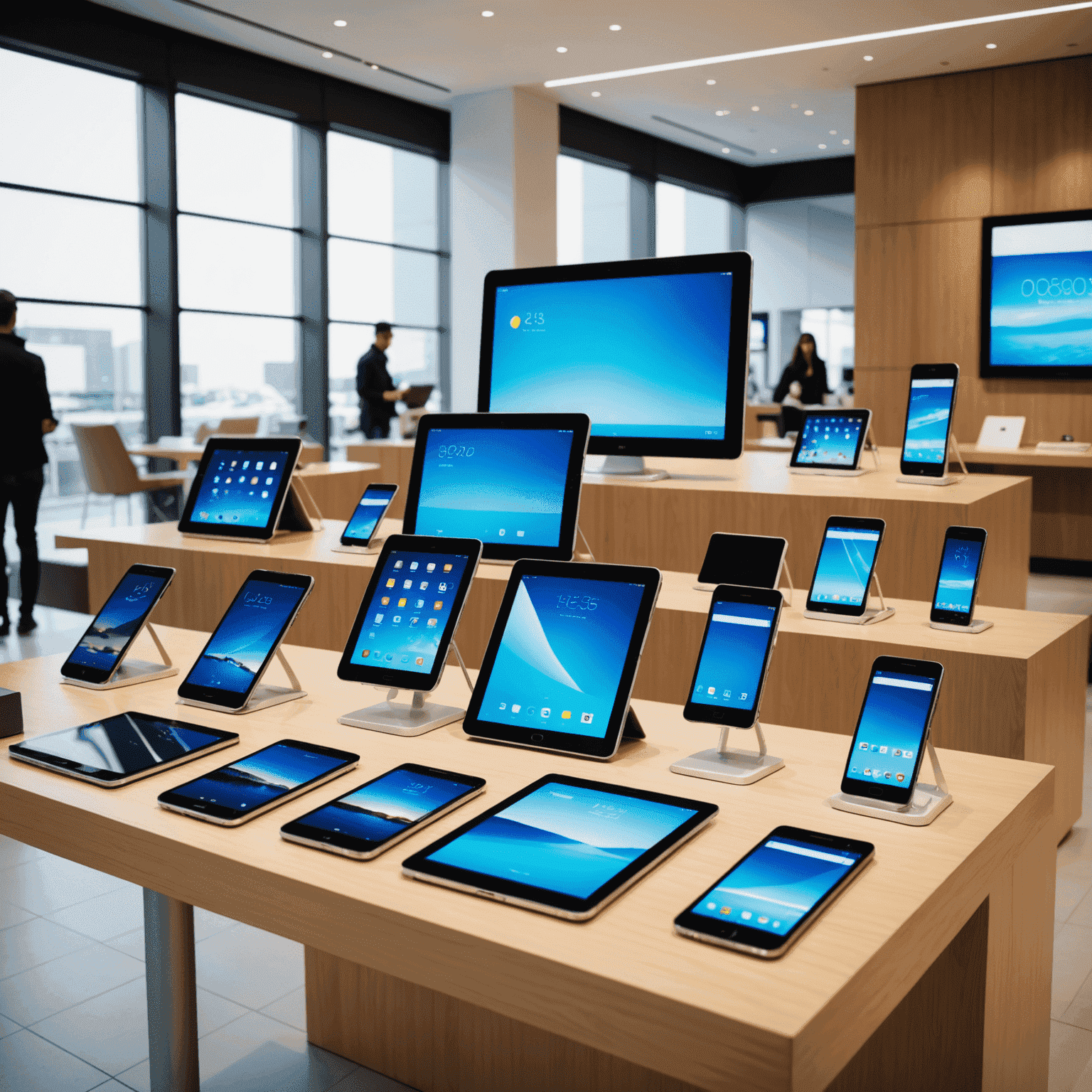 An array of modern smartphones and tablets displayed in a sleek showroom setting