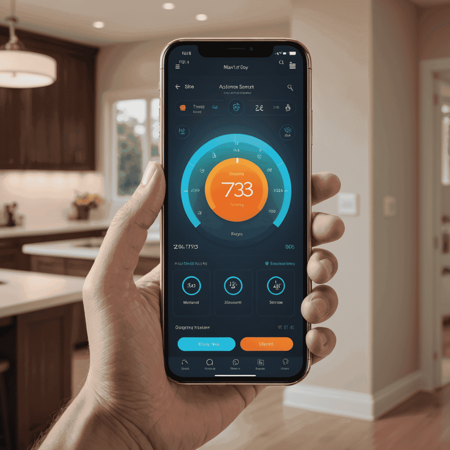 A smart home app interface showing controls for lights, temperature, and security systems