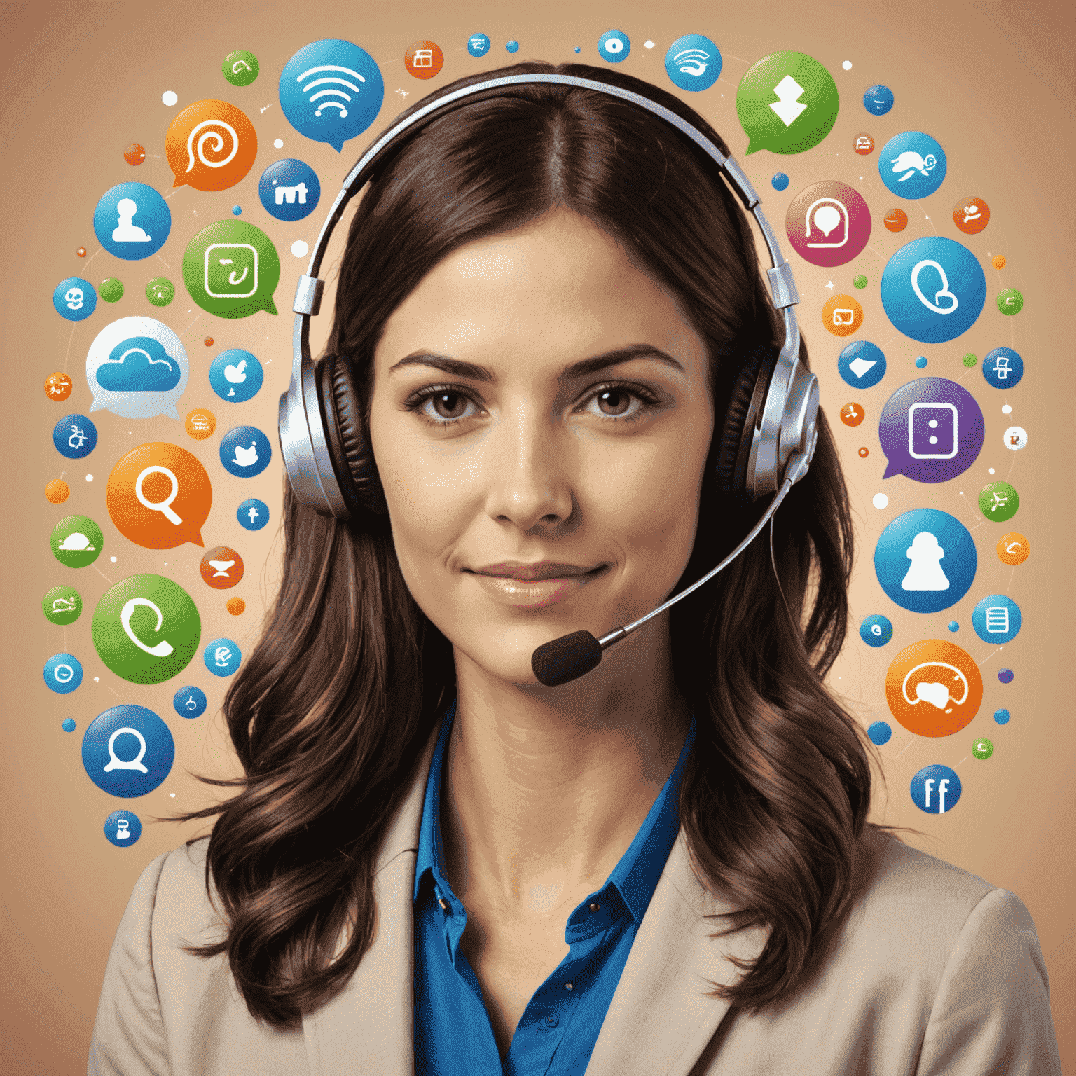 A friendly customer service representative with a headset, surrounded by icons representing various support channels