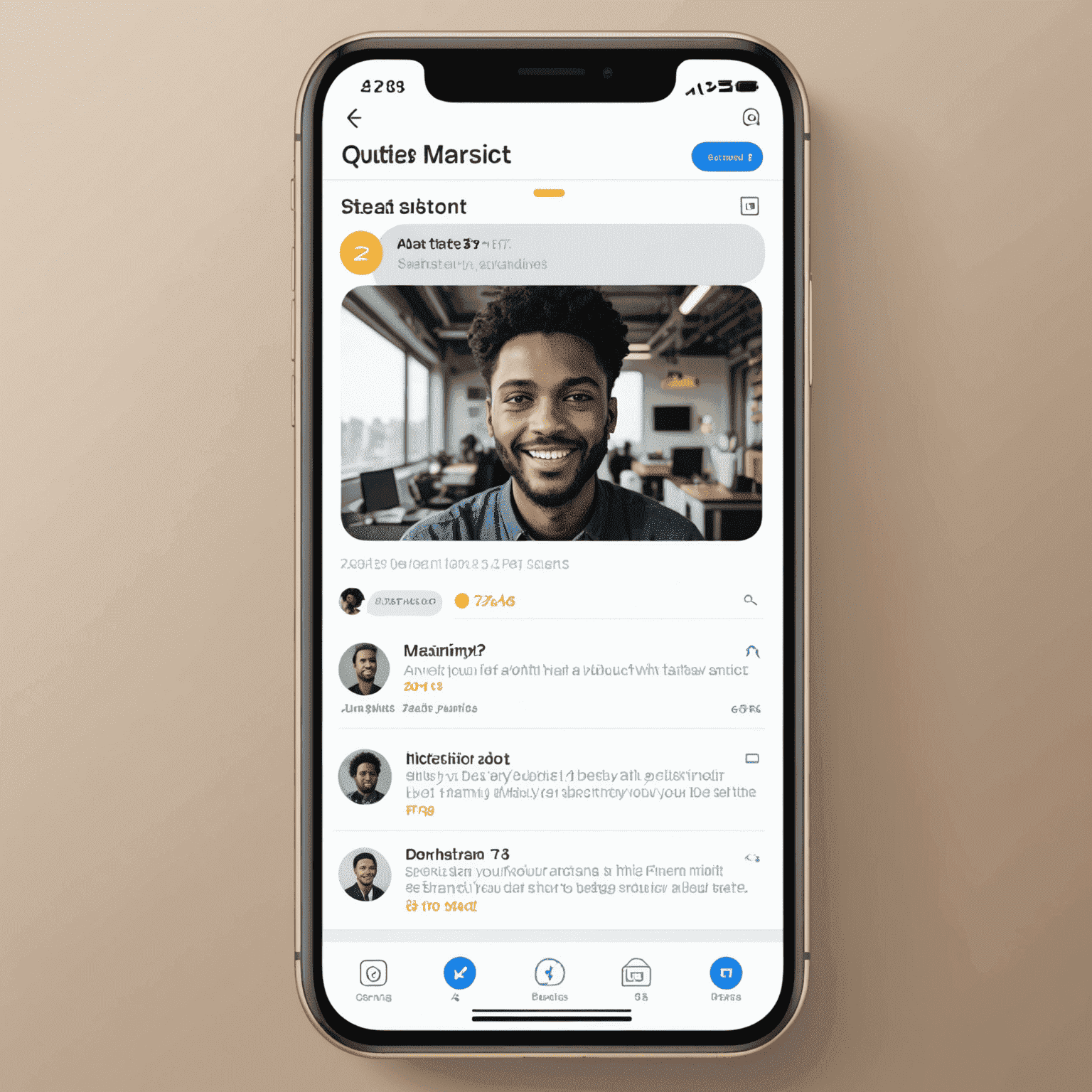 An AI assistant app interface with a chat window and various task icons
